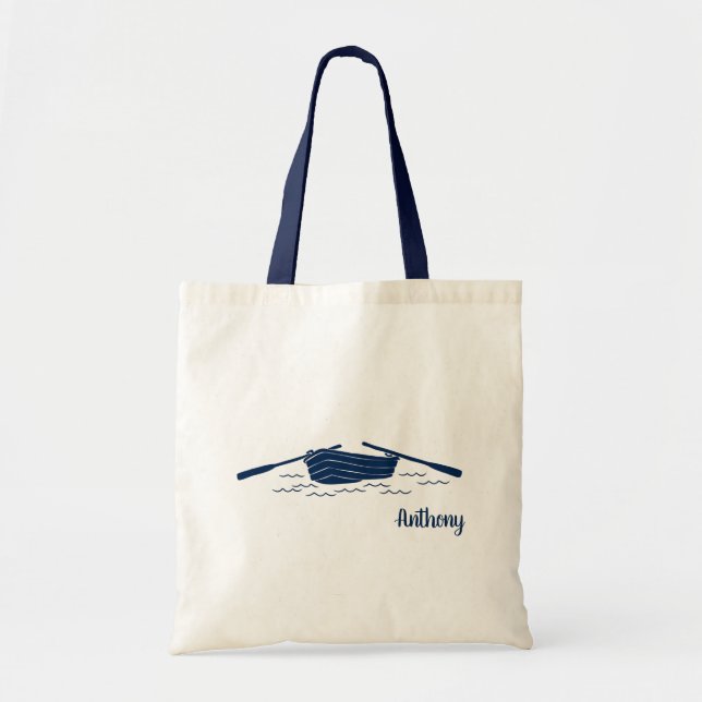 Navy Blue Rowboat Graphic Personalized Tote Bag (Front)