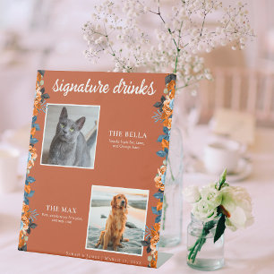 Navy Blue Rust 2 Photo Floral Pet Signature Drink Pedestal Sign