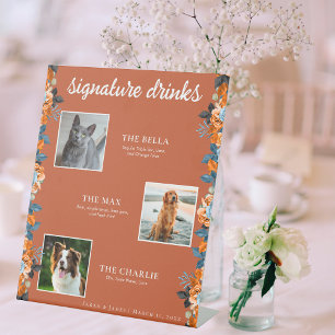 Navy Blue Rust 3 Photo Floral Pet Signature Drink Pedestal Sign