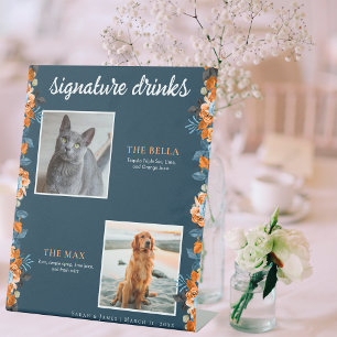 Navy Blue Rust Floral 2 Photo Pet Signature Drink Pedestal Sign