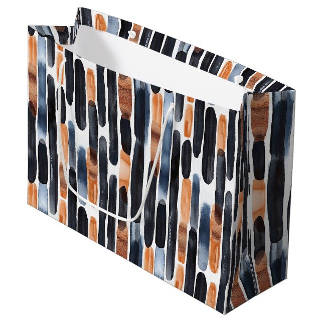 Navy Blue Rust Orange Stripes Birthday Large Gift Bag (Front Angled)