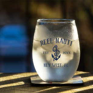 Navy Blue Rustic Anchor Boat Name Stemless Wine Glass