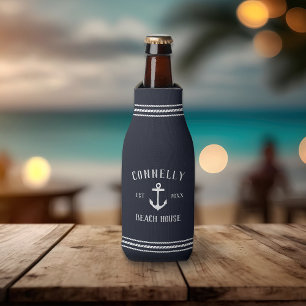 Navy Blue Rustic Anchor Personalized Beach House Bottle Cooler