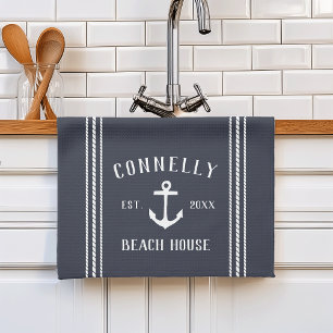 Navy Blue Rustic Anchor Personalized Beach House Kitchen Towel