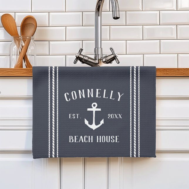 Navy Blue Rustic Anchor Personalized Beach House Kitchen Towel (Creator Uploaded)
