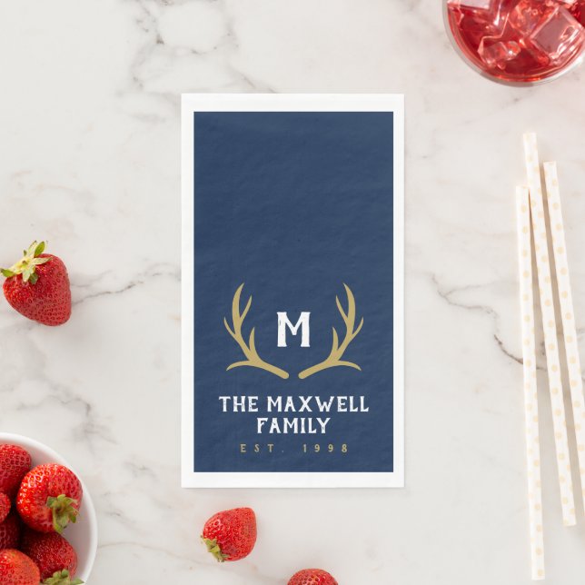 Navy Blue Rustic Antler Monogram Napkin (Insitu)