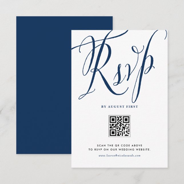 Navy Blue Rustic Calligraphy QR Code Wedding RSVP Card (Front/Back)