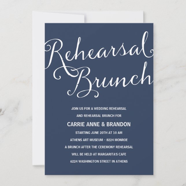 Navy Blue | Rustic Calligraphy Rehearsal Brunch Invitation (Front)