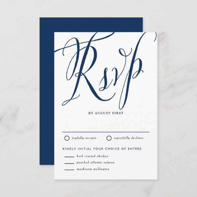 Navy Blue Rustic Calligraphy with Meal Choice RSVP Card (Front/Back)