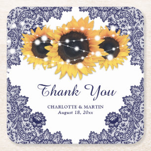 Navy Blue Rustic Chic Lace Sunflower Wedding Square Paper Coaster