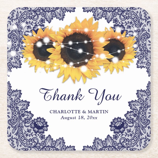 Navy Blue Rustic Chic Lace Sunflower Wedding Square Paper Coaster (Front)