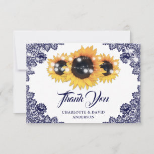 Navy Blue Rustic Chic Lace Sunflower Wedding Thank You Card