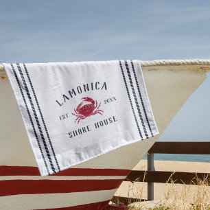 Navy Blue Rustic Crab Personalized Shore House Beach Towel