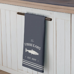 Navy Blue Rustic Fish Personalized Kitchen Towel