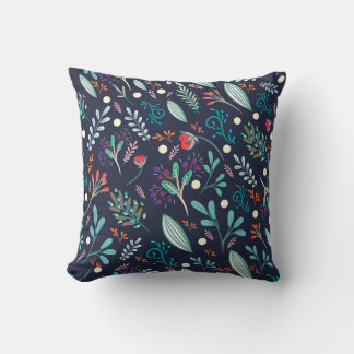 Navy Blue Rustic Floral Folk Art Pattern Pillow