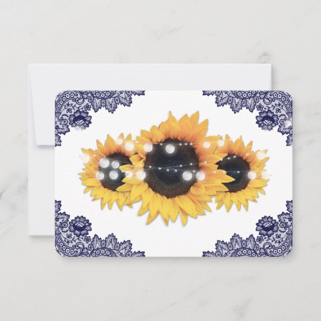 Navy Blue Rustic Floral Lace Sunflower Wedding RSVP Card (Front)