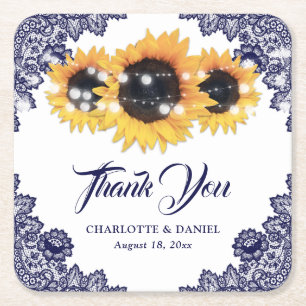 Navy Blue Rustic Floral Lace Sunflower Wedding Square Paper Coaster