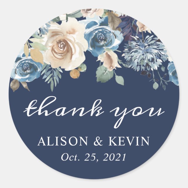 Navy Blue Rustic Floral Thank You Sticker (Front)