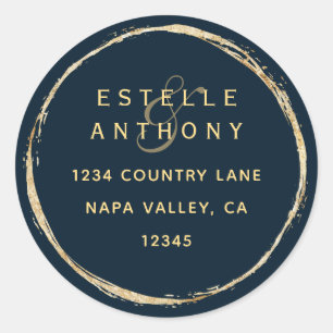 Navy Blue Rustic Gold Ampersand Return Address Classic Round Sticker