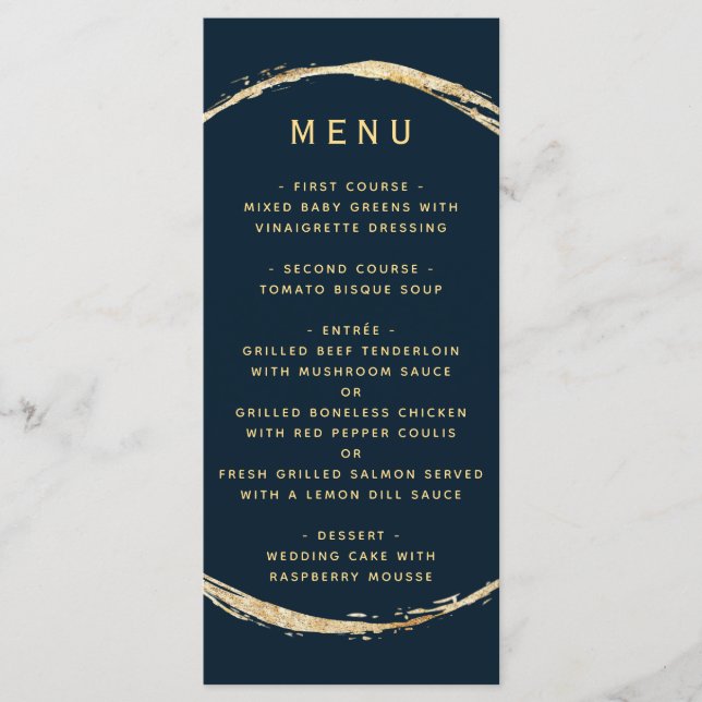 Navy  Blue Rustic Gold Circle Ampersand Wedding Menu (Front)