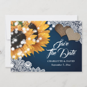 Navy Blue Rustic Lace Hearts Sunflower Wedding Save The Date