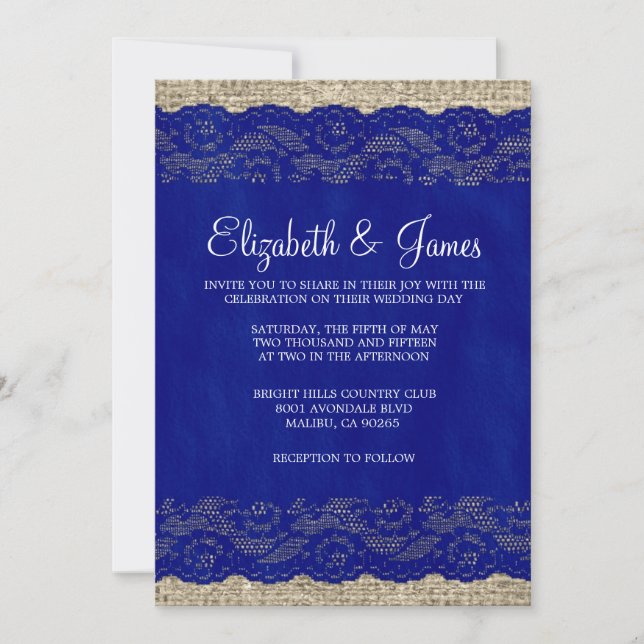 Navy Blue Rustic Lace Wedding Invitations (Front)