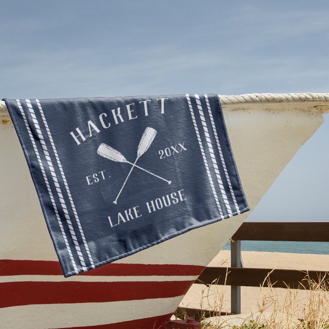 Navy Blue Rustic Oars Personalized Lake House Beach Towel (Creator Uploaded)