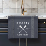 Navy Blue Rustic Oars Personalized Lake House Kitchen Towel<br><div class="desc">Customize your lake house kitchen with this cute personalized towel featuring your family name or house name and year established in white lettering accented with a pair of oars on a rich navy blue background.</div>