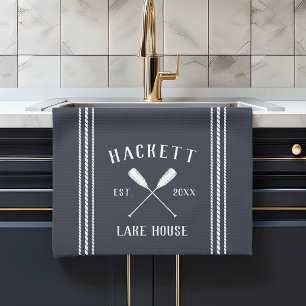 Navy Blue Rustic Oars Personalized Lake House Kitchen Towel