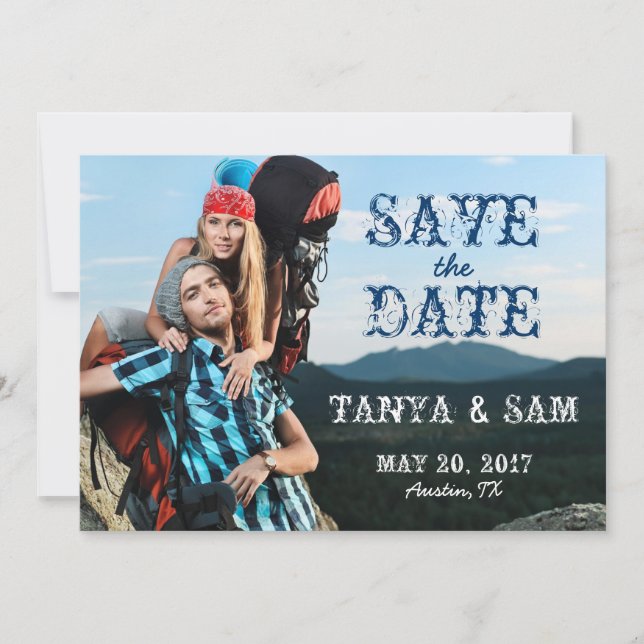 Navy Blue Rustic Photo Save the Date (Front)