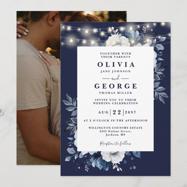 Navy Blue Rustic String Light Floral Photo Wedding Invitation (Front/Back)