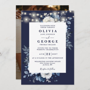 Navy Blue Rustic String Light Floral Photo Wedding Invitation