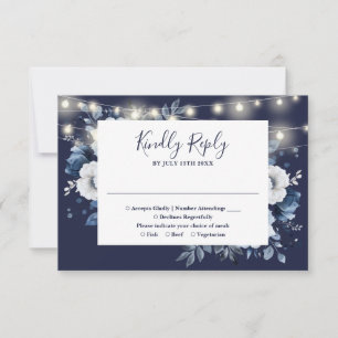 Navy Blue Rustic String Lights Floral Wedding RSVP Card