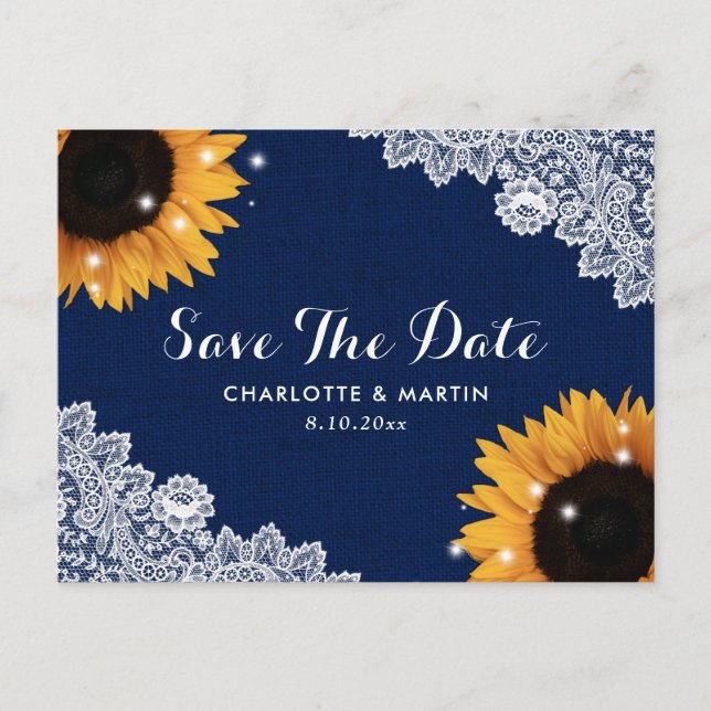 Navy Blue Rustic Sunflower Wedding Save The Date Announcement Postcard (Front)