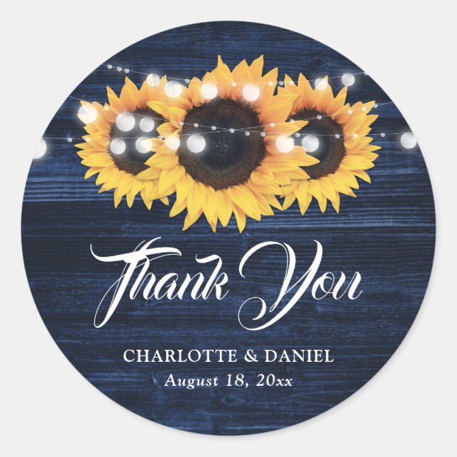 Navy Blue Rustic Sunflower Wedding Thank You Classic Round Sticker (Front)