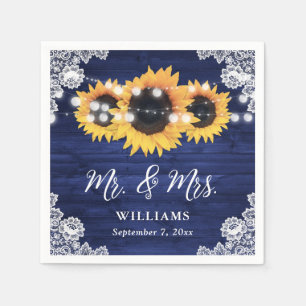 Navy Blue Rustic Sunflower Wood Lace Wedding Napkin
