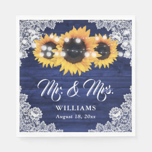 Navy Blue Rustic Sunflower Wood Lace Wedding Napkin