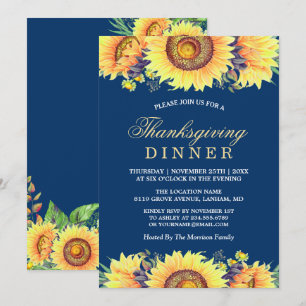 Navy Blue Rustic Sunflowers Thanksgiving Dinner Invitation