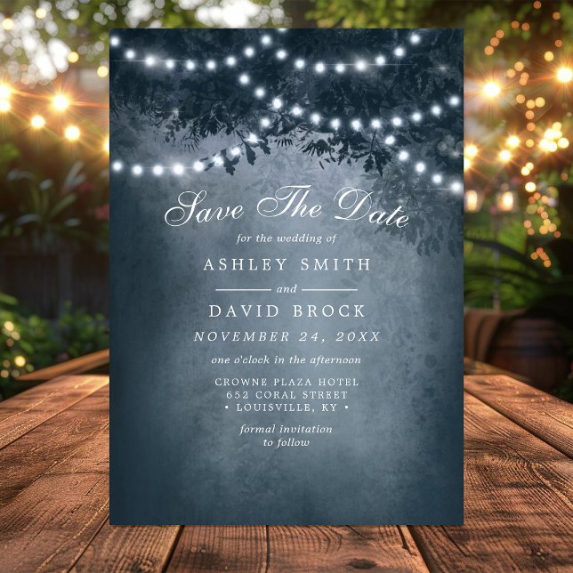 Navy Blue Rustic Tree Lights Save the Date (Creator Uploaded)