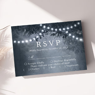 Navy Blue Rustic Tree Lights Wedding RSVP Card