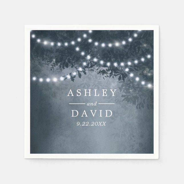 Navy Blue Rustic Tree String Lights Wedding  Napkin (Front)