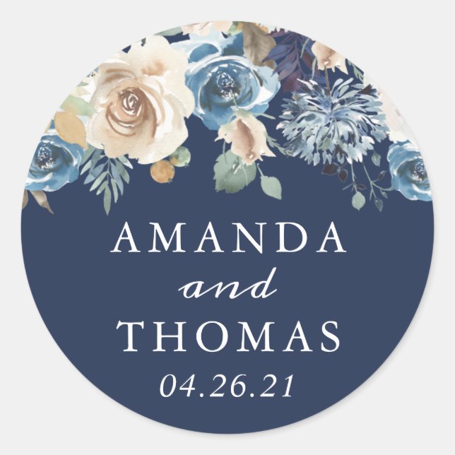 Navy Blue Rustic Whimsical Floral Wedding Classic Round Sticker (Front)