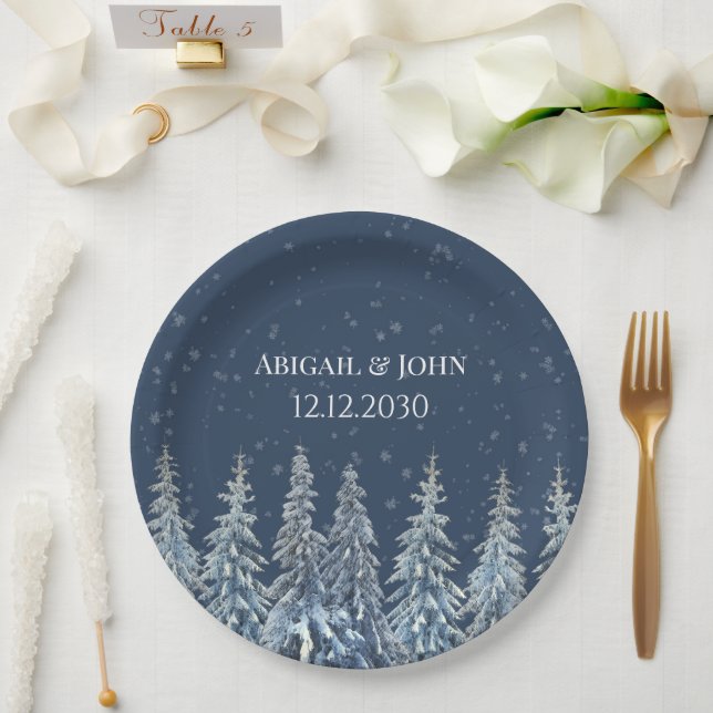 Navy Blue Rustic Winter Forest Wedding Paper Plate (Wedding)