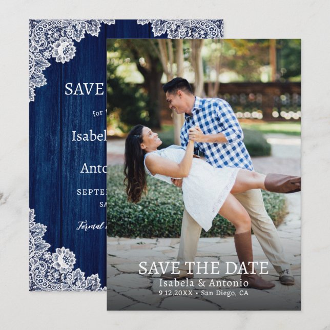 Navy Blue Rustic Wood Floral Lace Wedding Photo Save The Date (Front/Back)