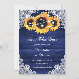 Navy Blue Rustic Wood Lace String Lights Sunflower Save The Date
