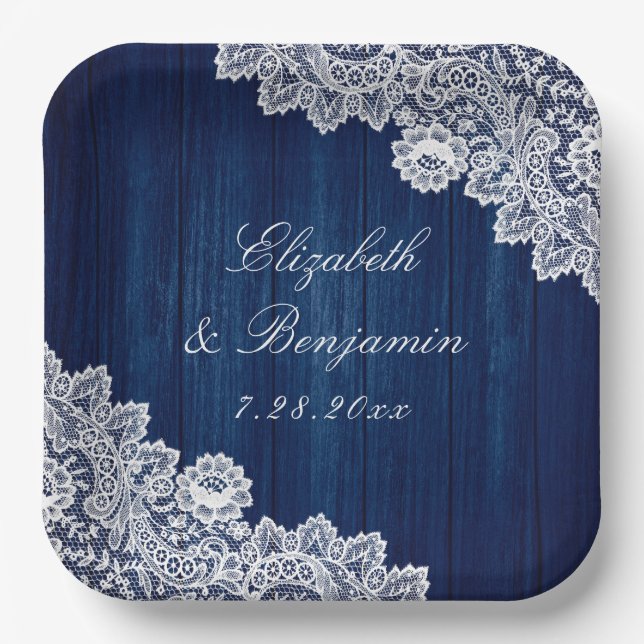 Navy Blue Rustic Wood Lace String Lights Wedding Paper Plate (Front)