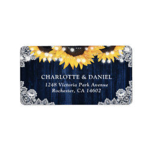 Navy Blue Rustic Wood Lace Sunflower Address Label