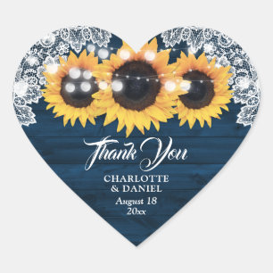 Navy Blue Rustic Wood Lace Sunflower Wedding Heart Sticker