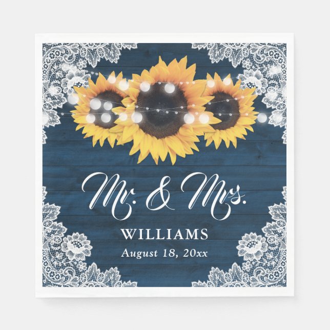 Navy Blue Rustic Wood Lace Sunflower Wedding Napkin (Front)