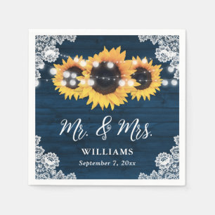 Navy Blue Rustic Wood Lace Sunflower Wedding Napkin